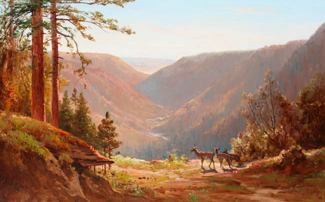 Thomas Hill - Three Deer Overlooking the Valley